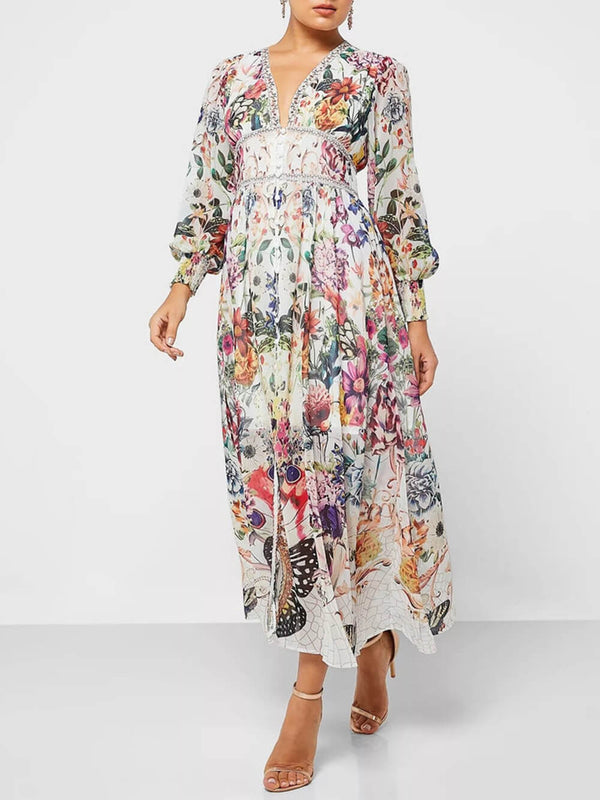 Botonical Floral Printed V-Neck Chiffon Maxi Dress