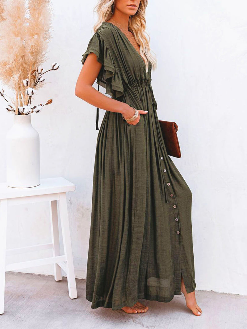 Button Cotton Linen Perfect Beach Boho Maxi Dress