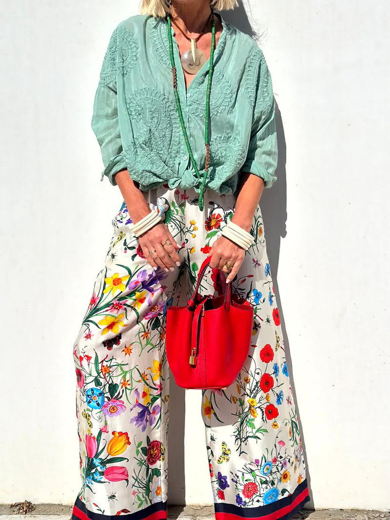 Floral Unique Print Elastic Waist Pocketed Wide Leg Pants-Set