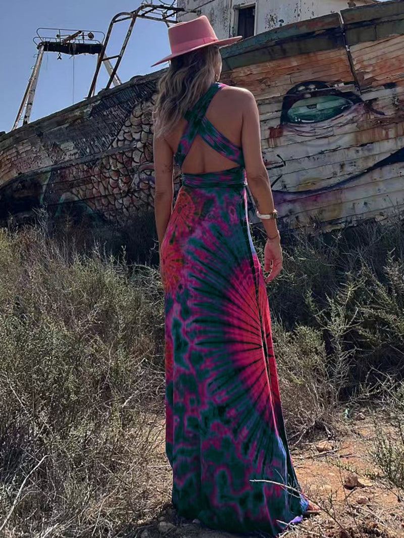 Tie-dye Print V-neck Cross Back Straps Stretch Maxi Dress