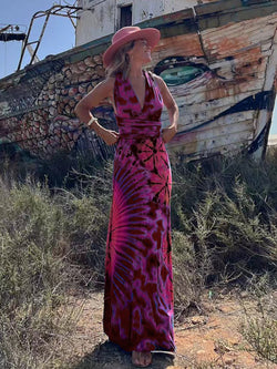 Tie-dye Print V-neck Cross Back Straps Stretch Maxi Dress