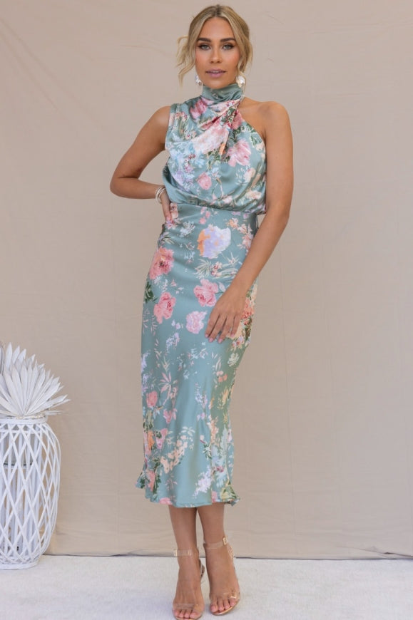 Wine Country Dates Floral Halter Neck Elastic Waist Maxi Dress