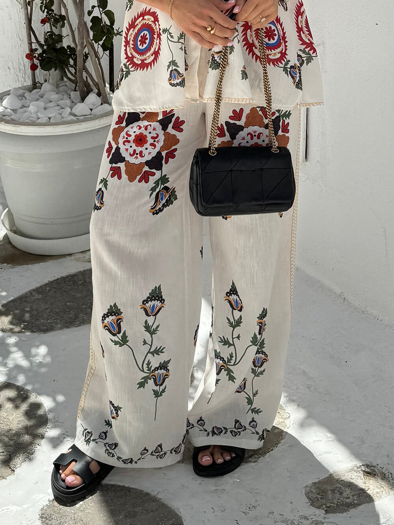 Unique And Exquisite Ethnic Floral Print Elastic Waist Pocket Wide Leg Pants-Set