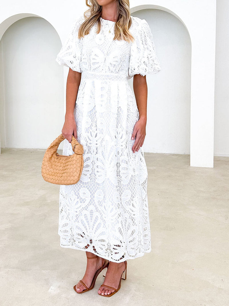 Puff Sleeve Lace Midi Dress