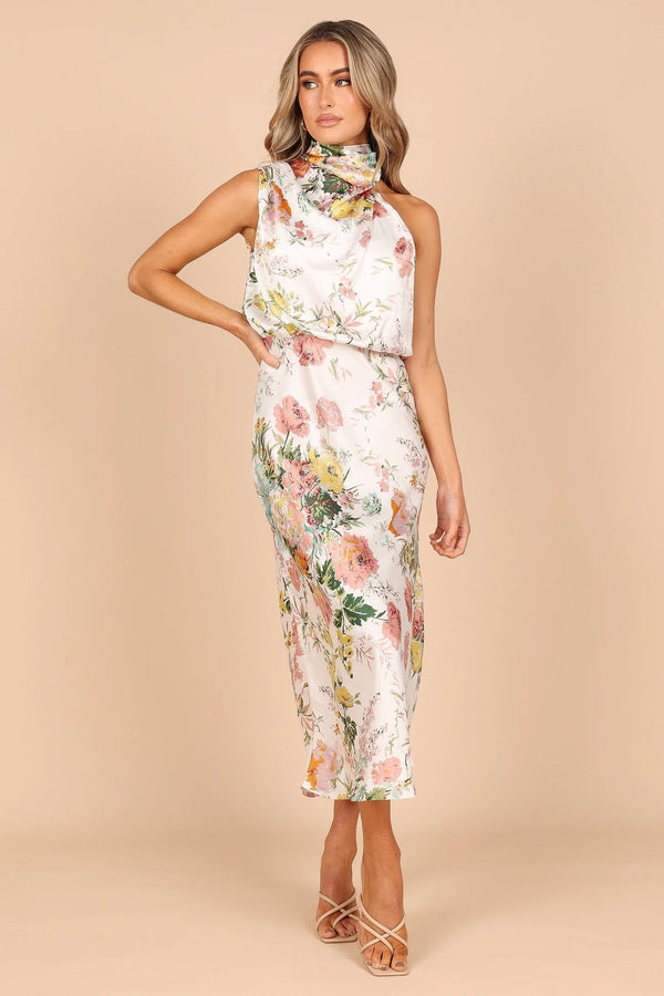 Wine Country Dates Floral Halter Neck Elastic Waist Maxi Dress