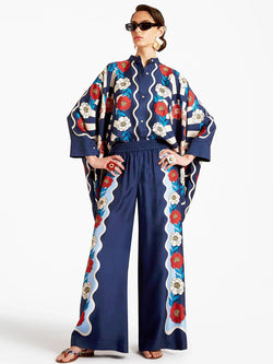 Fine Satin Floral Print Batwing Sleeve Pants Set - Blue