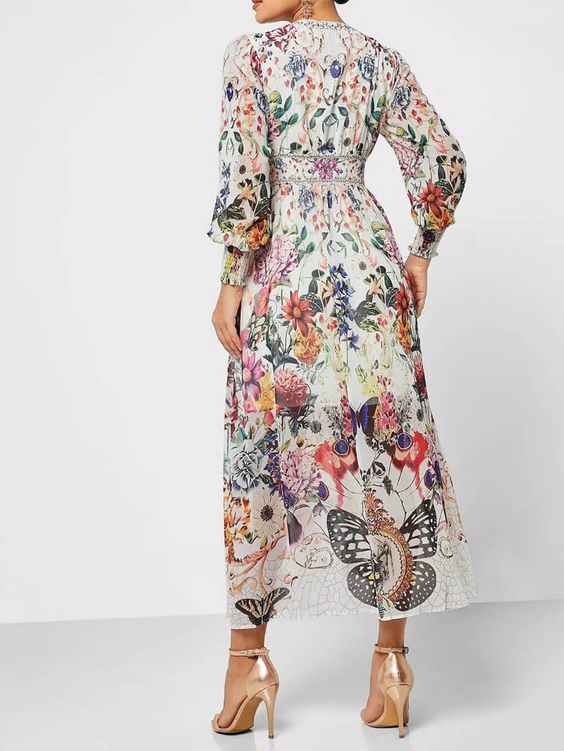 Botonical Floral Printed V-Neck Chiffon Maxi Dress