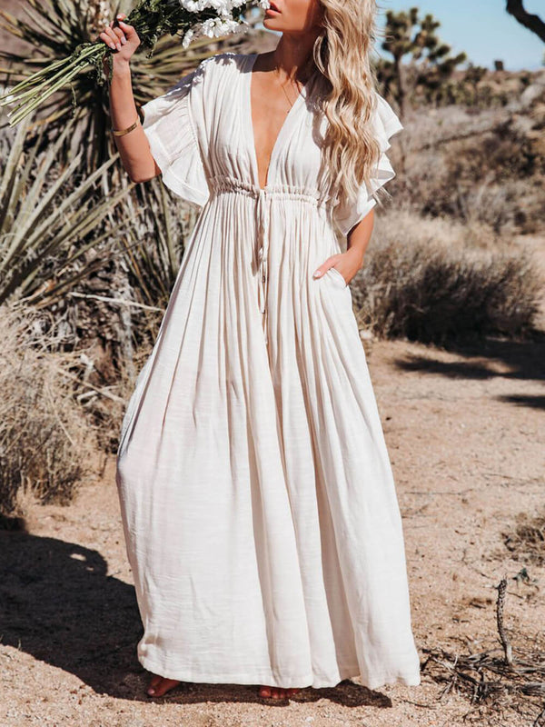 Button Cotton Linen Perfect Beach Boho Maxi Dress