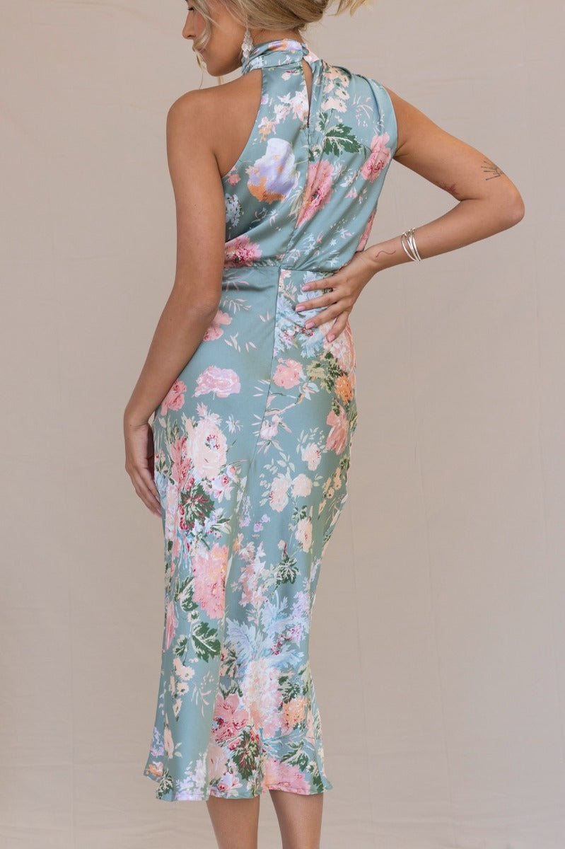 Wine Country Dates Floral Halter Neck Elastic Waist Maxi Dress