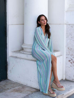 Boho V Neck Bell Sleeve Wavy Striped Crochet Beach Vacation Maxi Dress - Blue