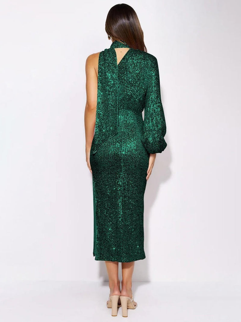 Sequins Halterneck Asymmetry Midi Dress