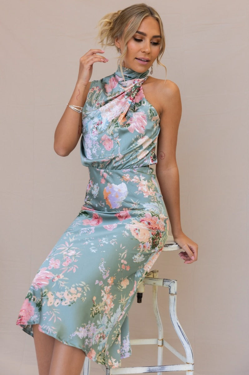 Wine Country Dates Floral Halter Neck Elastic Waist Maxi Dress