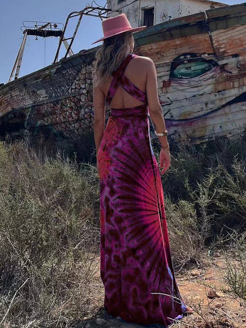 Tie-dye Print V-neck Cross Back Straps Stretch Maxi Dress