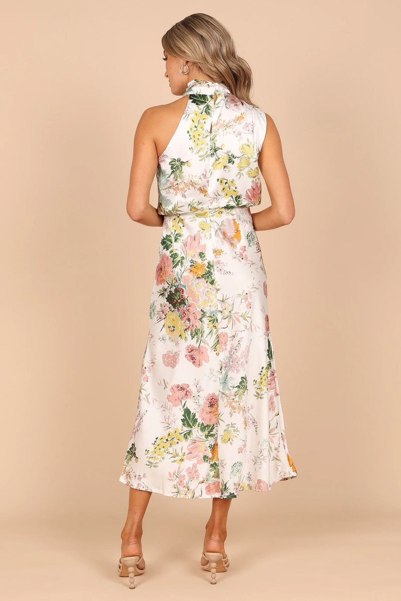 Wine Country Dates Floral Halter Neck Elastic Waist Maxi Dress