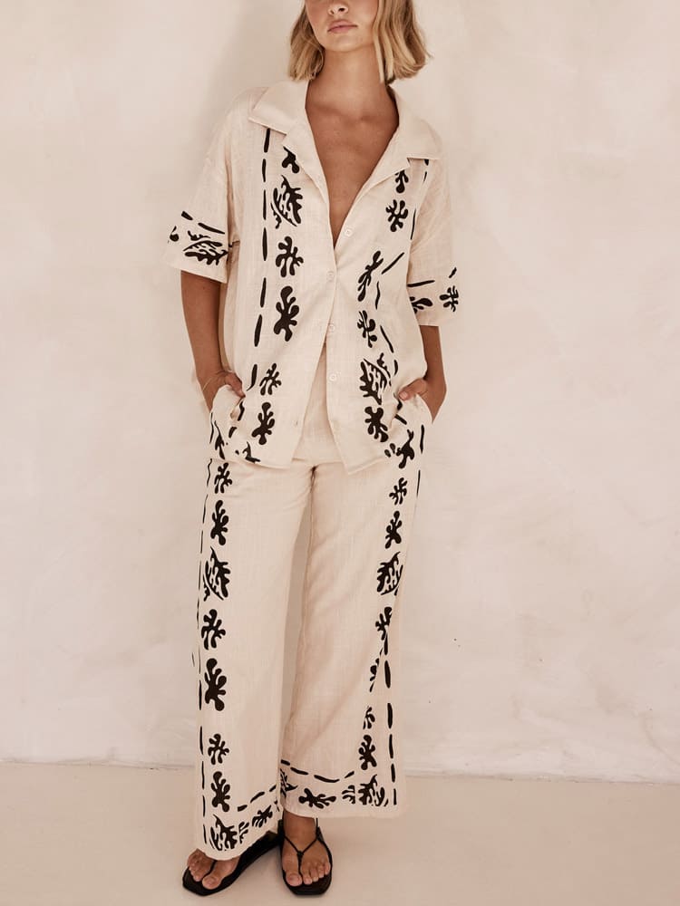 Black Printed Cream Wide Leg Pants-Set