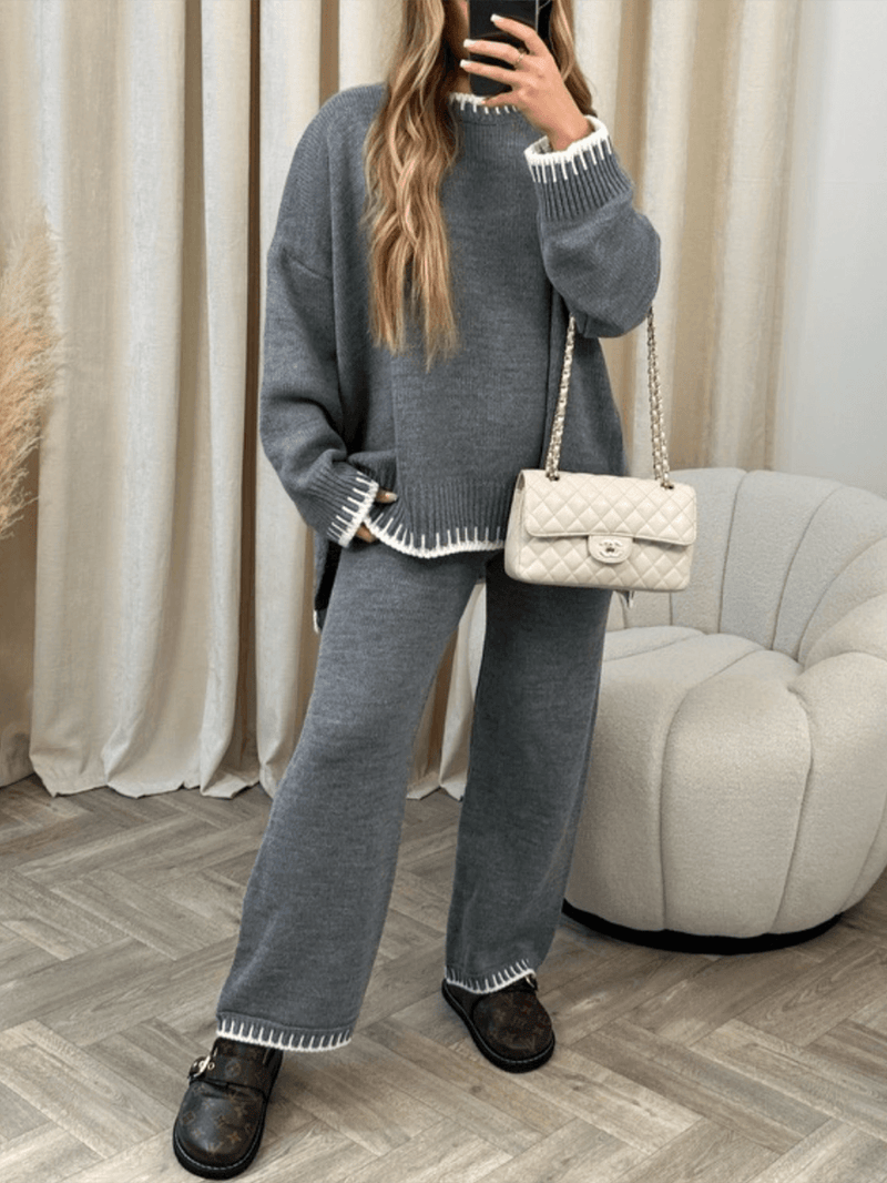 Blanket Stitch Trim Knitted Jumper And Trousers