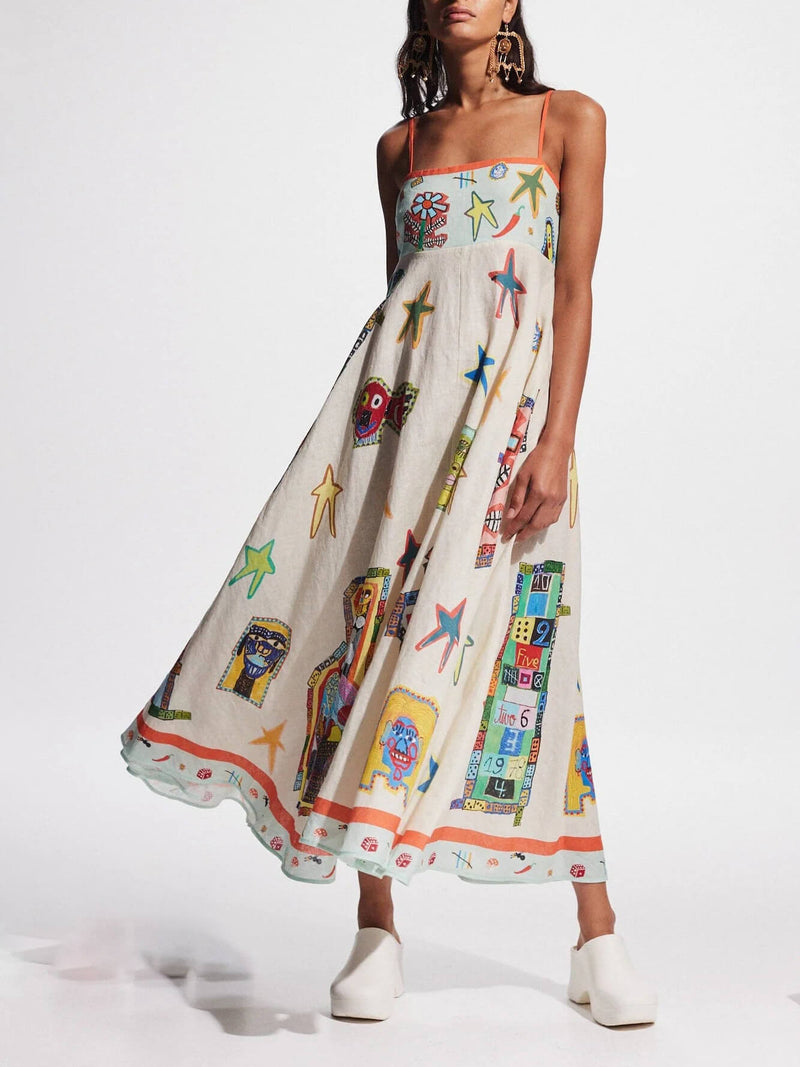 Unique Graffiti Print Suspenders Long Swing Maxi Dress