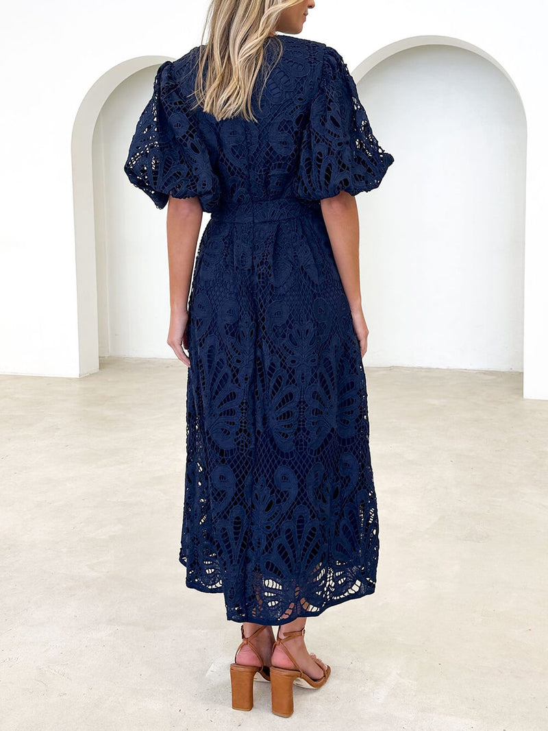 Puff Sleeve Lace Midi Dress