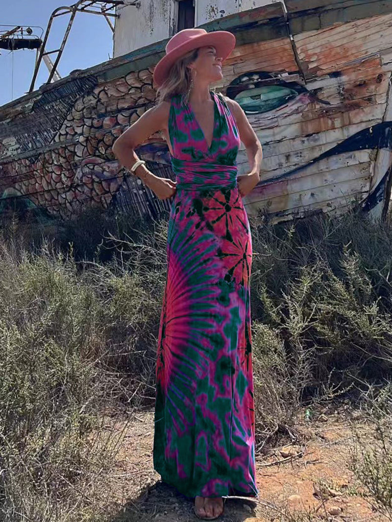 Tie-dye Print V-neck Cross Back Straps Stretch Maxi Dress