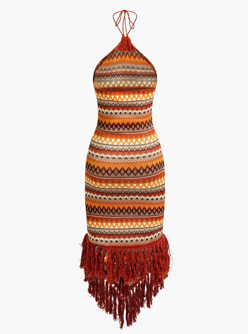 Fringe and Colorful Pattern Bohemian Halter Midi Dress