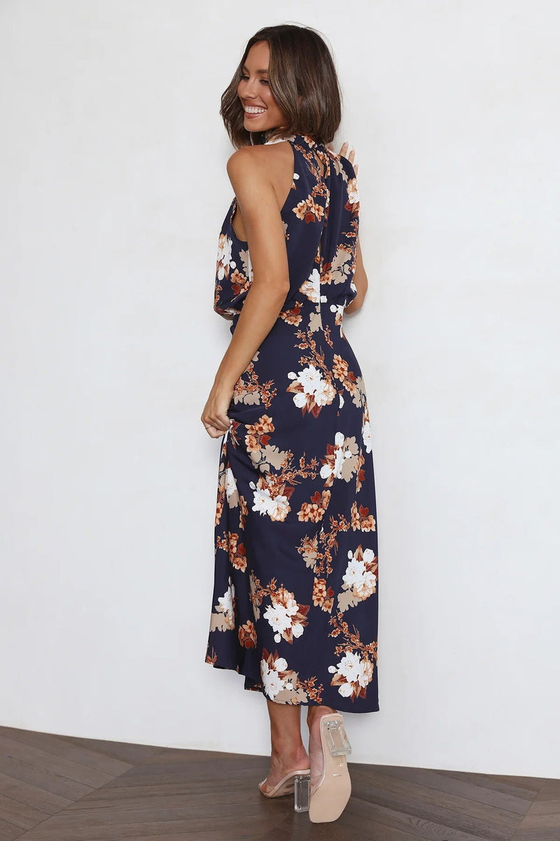 Wine Country Dates Floral Halter Neck Elastic Waist Maxi Dress