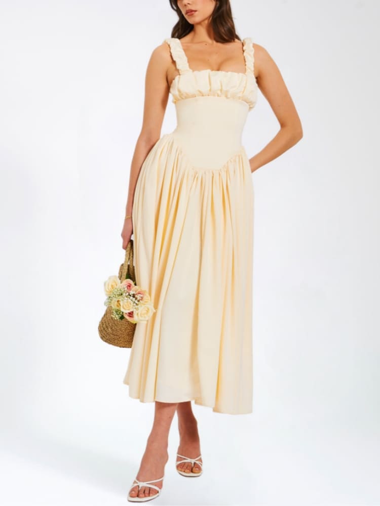 Noreen Pleated Strap Puffy Maxi Dress