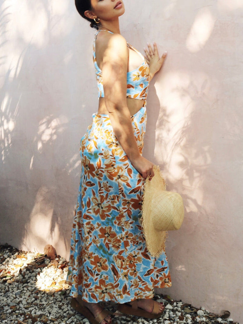 Knotted Cut Out Midi Dress in Baby Blue and Orange Floral