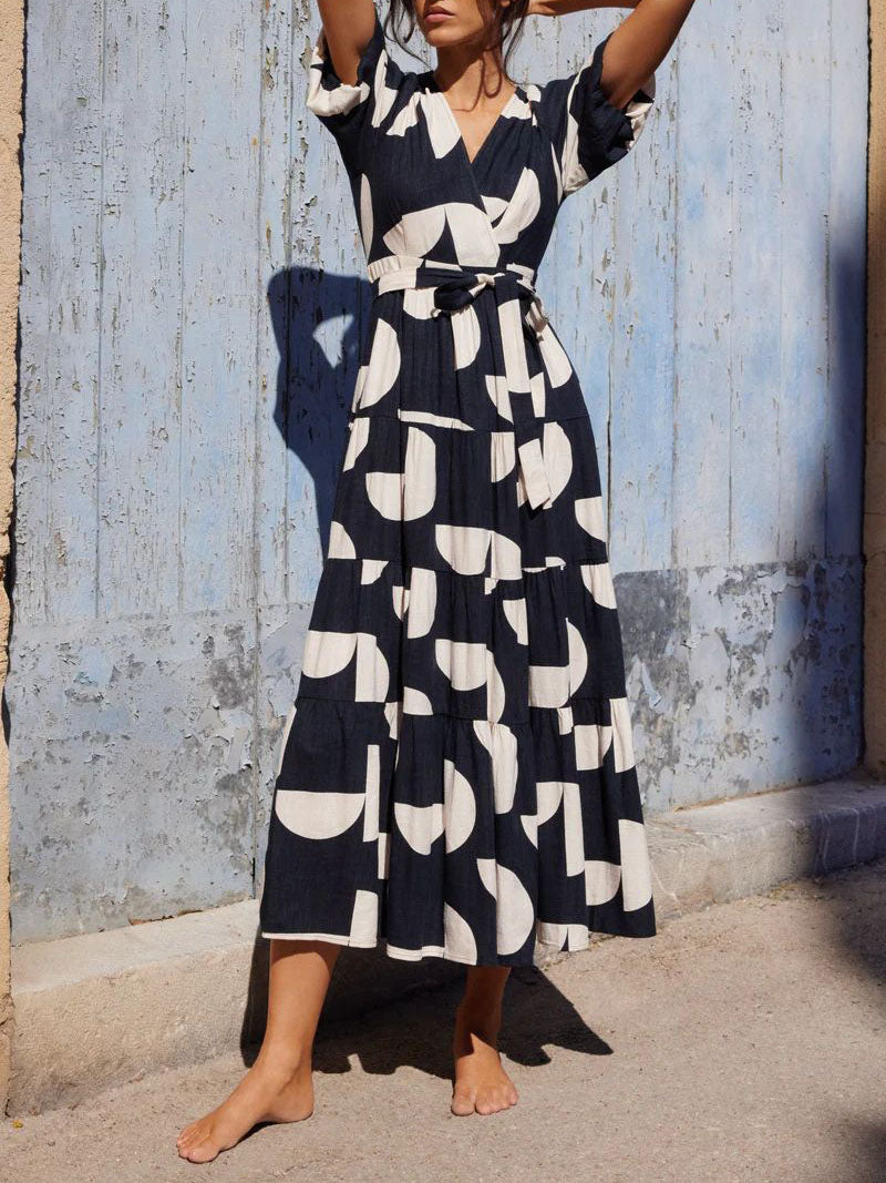 Puff Sleeve V-Neck Geometric Print Midi Dress