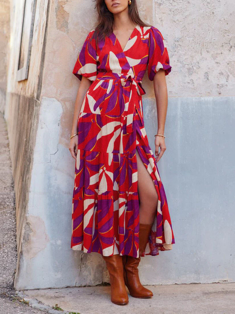 V-Neck Puff Sleeves Slit Printed Maxi Dress