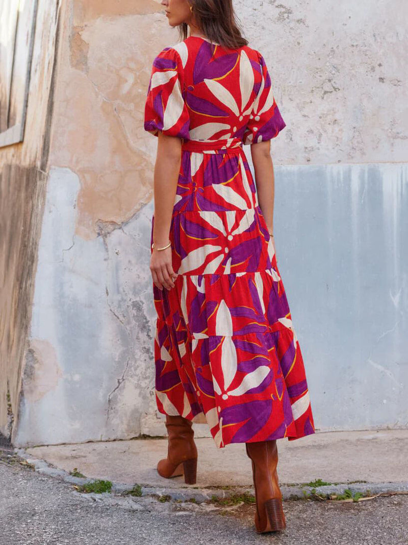 V-Neck Puff Sleeves Slit Printed Maxi Dress