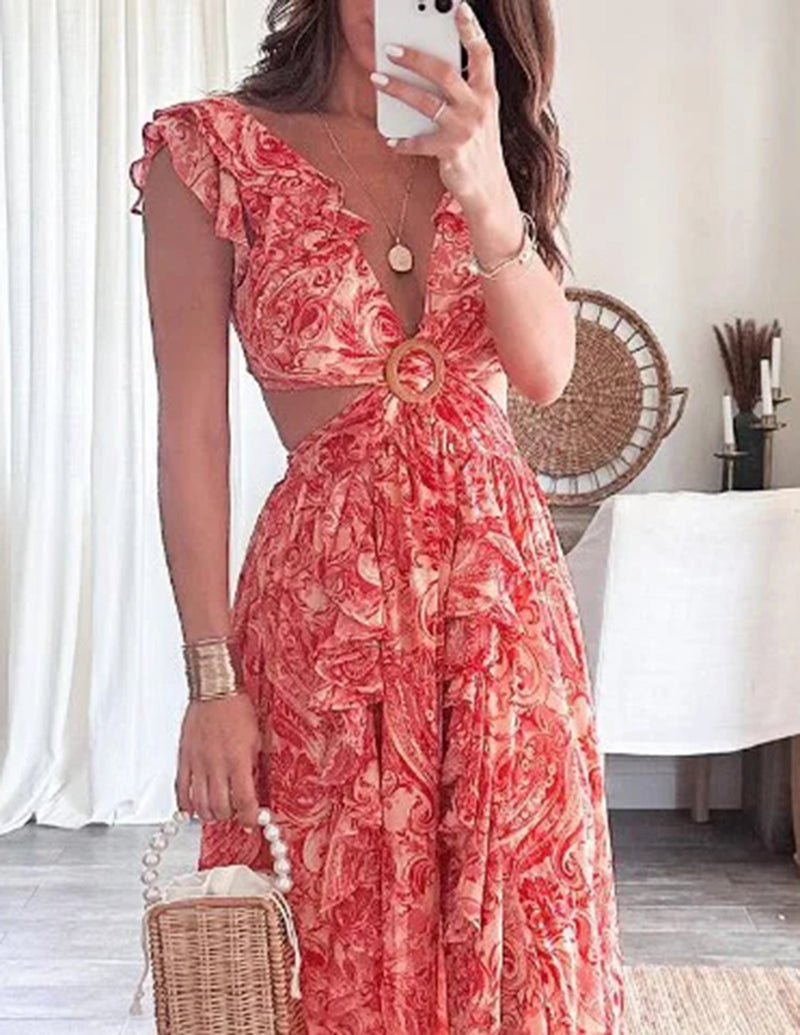 Butterfly Sleeve Print Ruffle Slit Dress