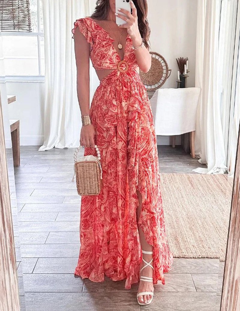 Butterfly Sleeve Print Ruffle Slit Dress