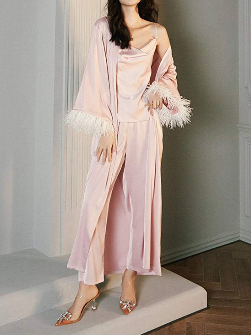 Feather Satin Kimono Robe