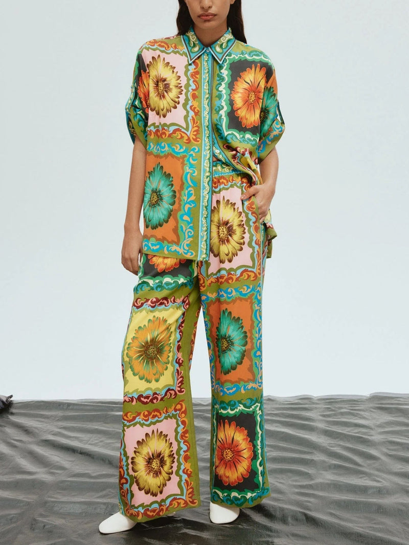 Unique Sunflower Print Wide Leg Pants-Set