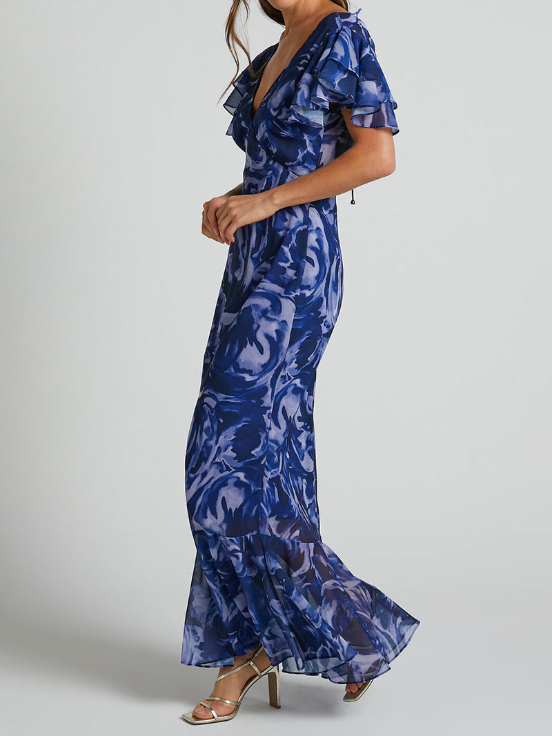 V Neck Flutter Sleeve Maxi Dress In Navy Swirl