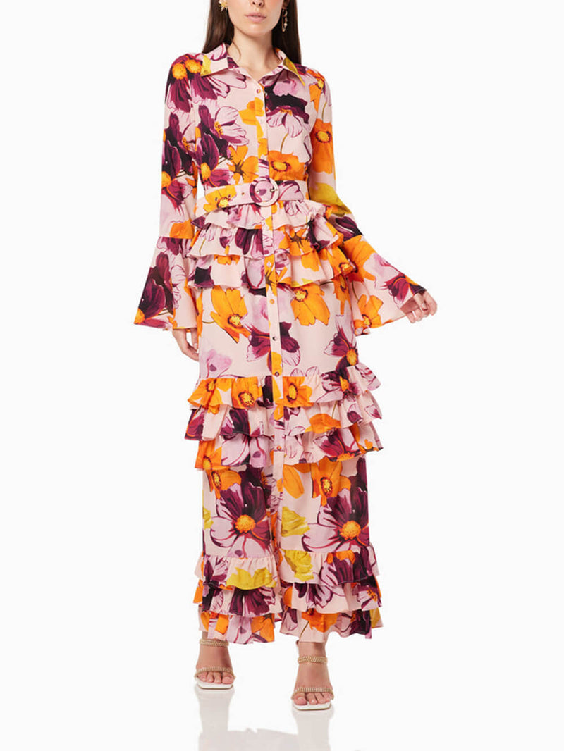 Floral Print Shirt Ruffle Cake Maxi Dress