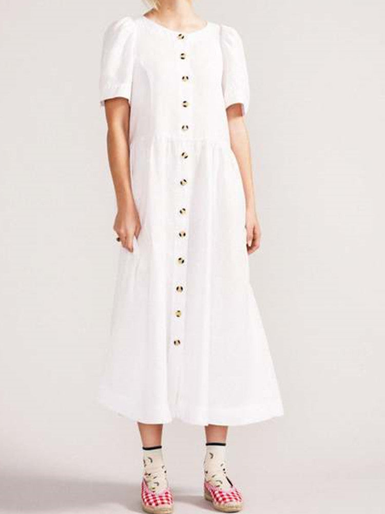 V Neck Linen Button-Down Midi Dress with Pocket In White