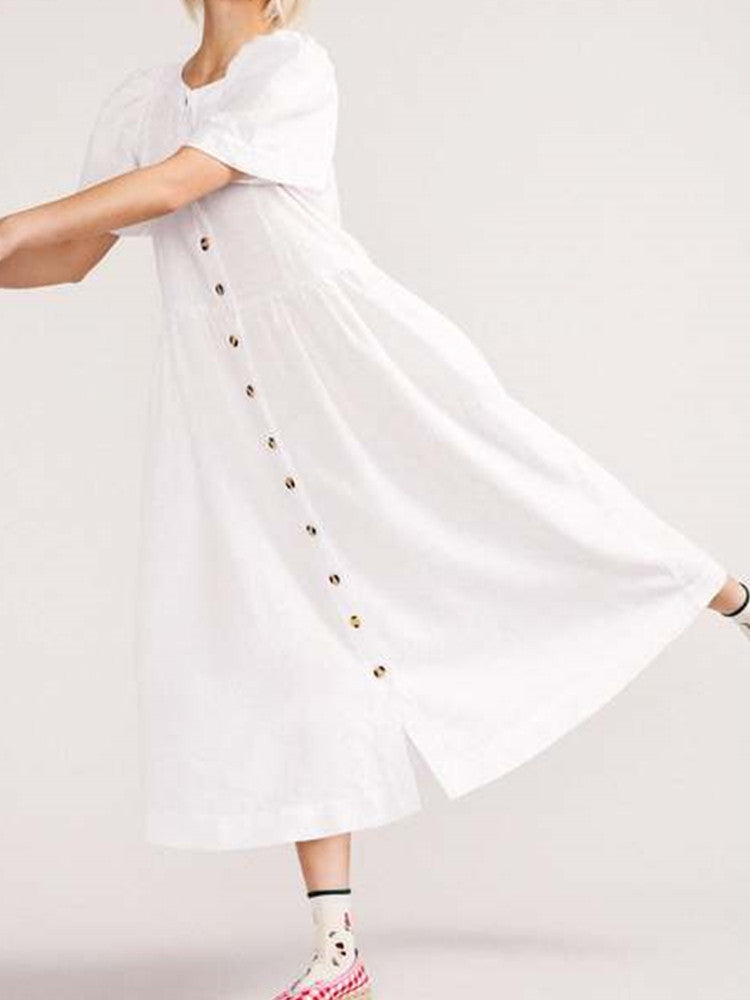 V Neck Linen Button-Down Midi Dress with Pocket In White