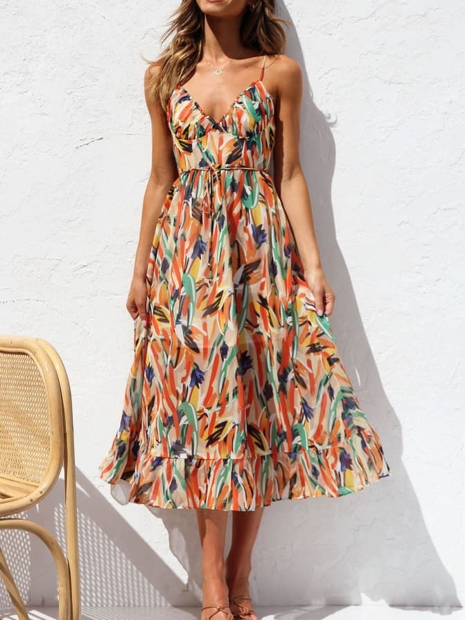 Floral Ruffle-Trim Midi Tank Dress