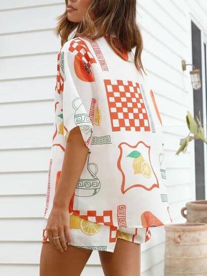 Ethnic Print Loose Shirt Shorts Suit