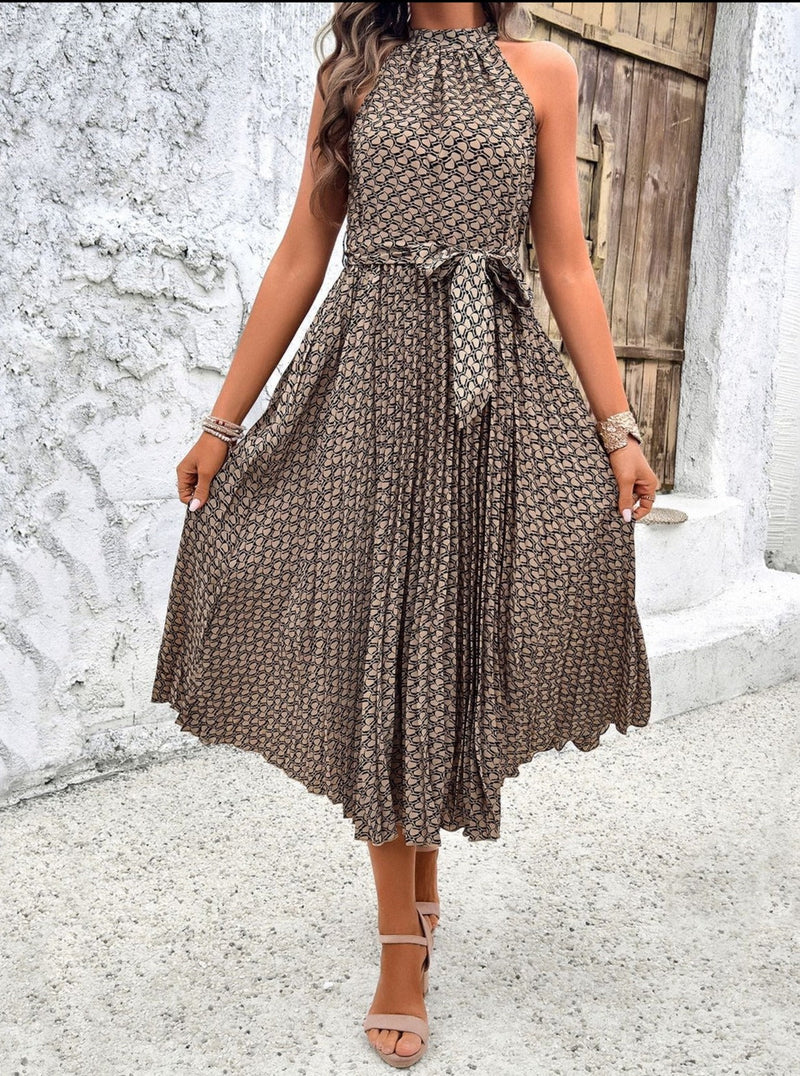 Women's Patterned Sleeveless Halterneck Midi Dress with Waist Tie