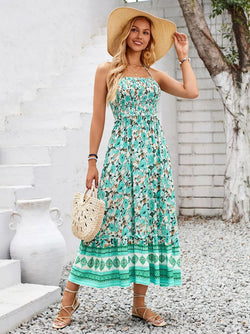 Floral Print Smocked Chest Halter Neck Maxi Dress