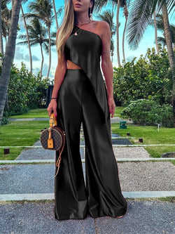 Strapless Asymmetric Drape Wide-Leg Prom Jumpsuit