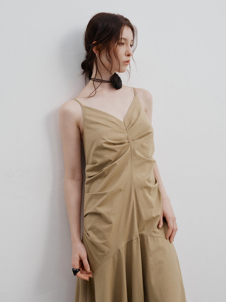 Pleated Waist Cinched Strap Dress