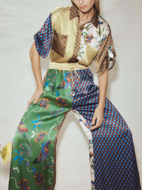 Special Folk Print Loose Wide Leg Pants-Set