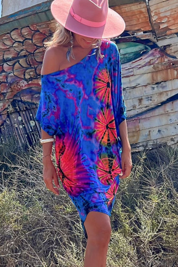 Tie-dye Print Mini Dress Stretch Oversized Kaftan