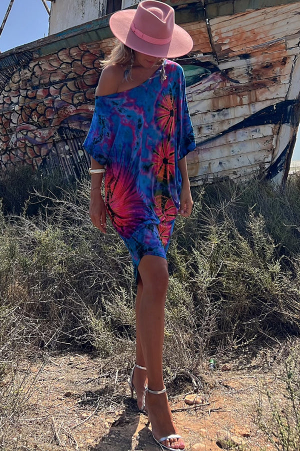 Tie-dye Print Mini Dress Stretch Oversized Kaftan