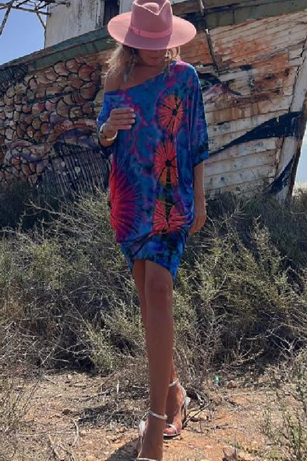 Tie-dye Print Mini Dress Stretch Oversized Kaftan