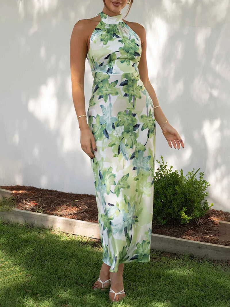 Floral Print Halter Backless Flowy Vacation Maxi Dresses