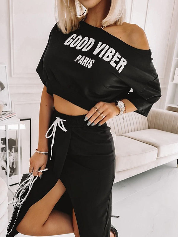 Champagne Wrap Letter Oblique Collar Skirt Set